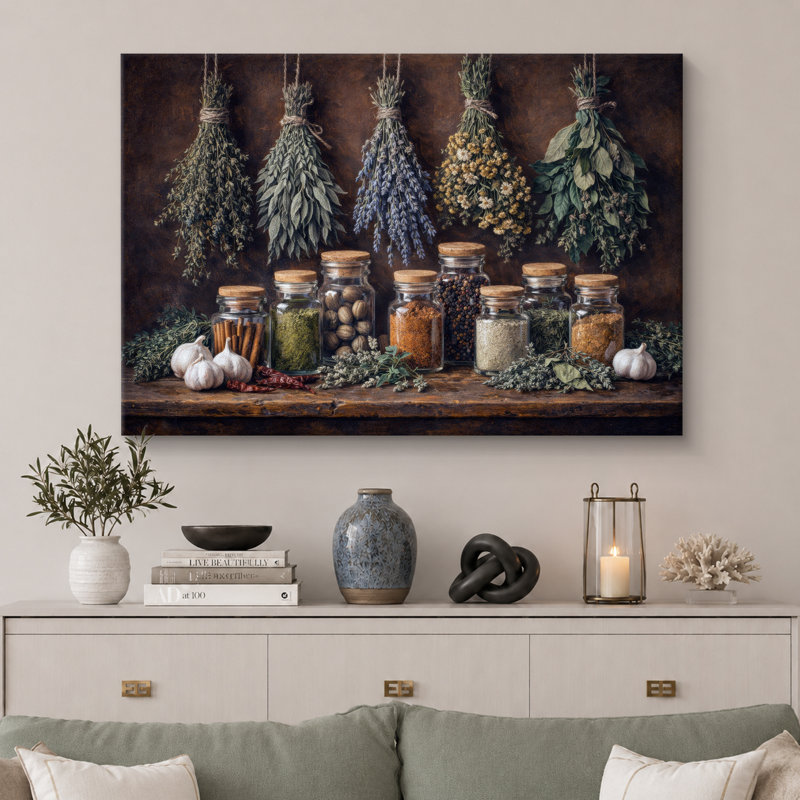 «Hanging Herbs and Spice Pots Vintage Kitchen Still Life», images de cuisine, impression sur toile encadrée, impression numérique