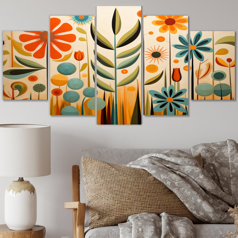Red Mid Century Mod Nature - Mid-Century Canvas Print - 5 Panels