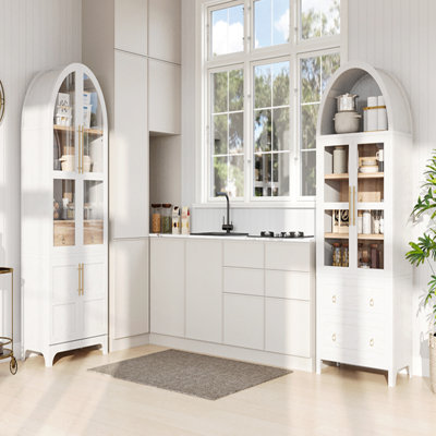 Grand garde-manger arqué de 71 po avec tablettes de porte, armoire de rangement de style campagnard avec tablettes ouvertes et réglables, tiroir caché et porte vitrée, armoire de cuisine, salle à manger