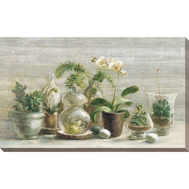 «Greenhouse Orchids on Wood v2», reproduction de peinture acrylique sur toile, H 36 po x l 60 po x P 1,5 po, Toile tendue