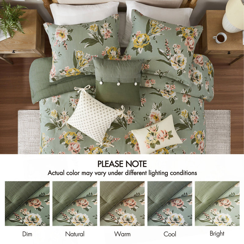 Ensemble d'édredon floral 7 pièces Vin, Queen Comforter + 6 Additional Pieces, Green