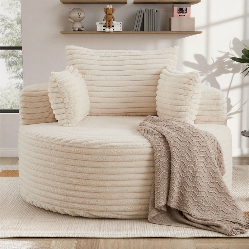 Fauteuil demi-tonneau rembourré en velours côtelé 49 po Lozena, chaise longue à compression ronde surdimensionnée, aucun assemblage requis