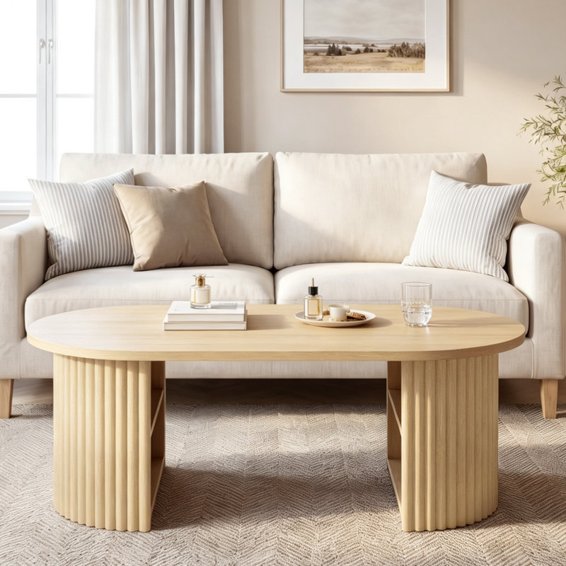 Table basse demi-ronde cannelée, table de centre de soutien latérale nervurée moderne avec compartiment de rangement inférieur ouvert, assemblage facile, naturel