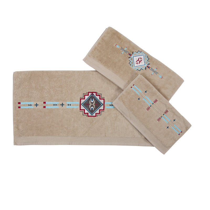 Spirit Valley Embroide Aztec Print Cotton Southwestern Style 3 Piece Towel Set, Natural