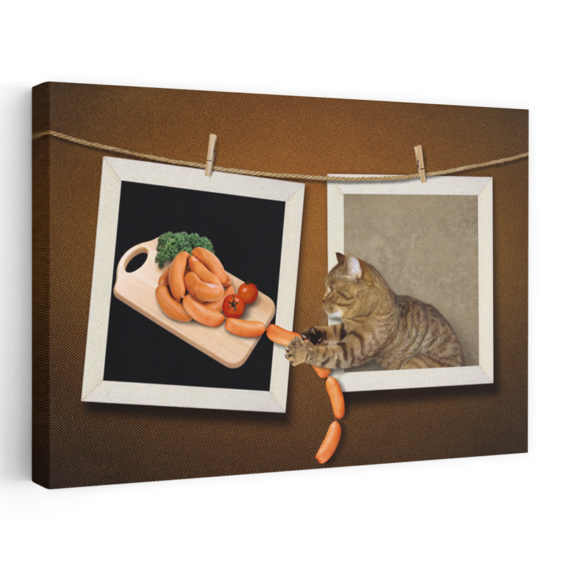 Cat Steals Sausages Playful Contemporary Cat Wall Art Print, 40.64cm H x 60.96cm W