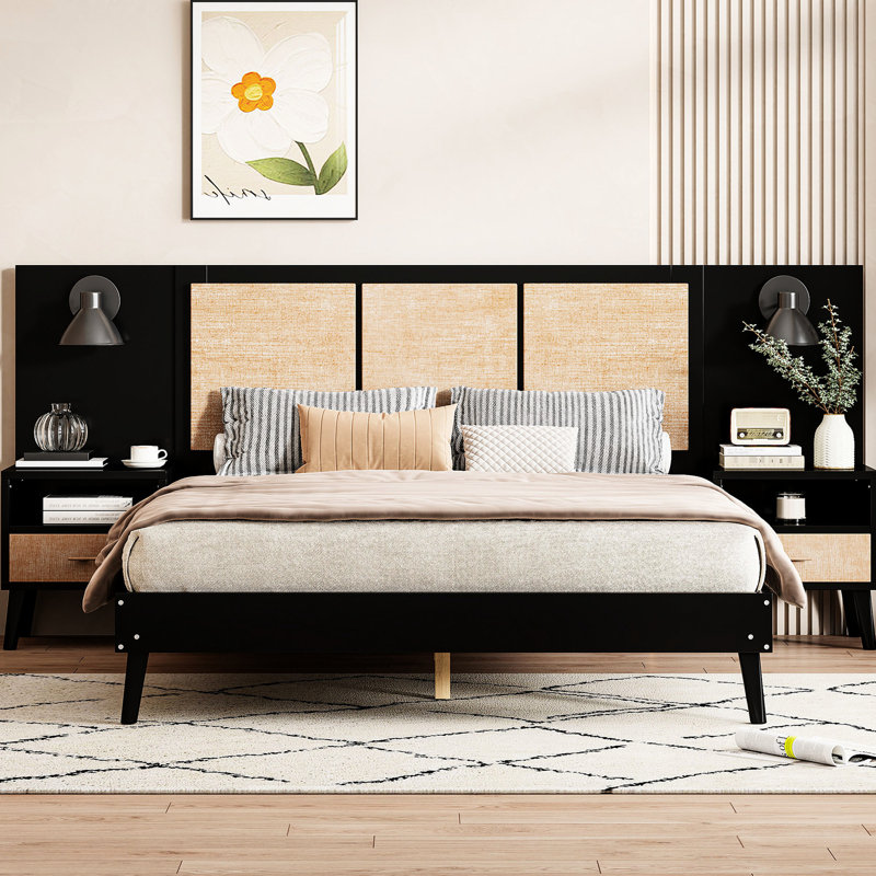 Cadre de lit noir en bois massif avec 2 tables de chevet et lampes utiles, mélange pour une chambre à coucher calme. Construction stable, tendance