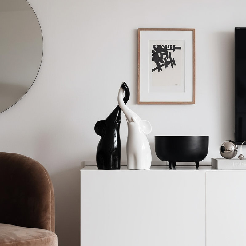 Ensemble de figurine d'éléphant en céramique noir et blanc, figurine de couple d'éléphant pour tablette, bureau, salon, mariage