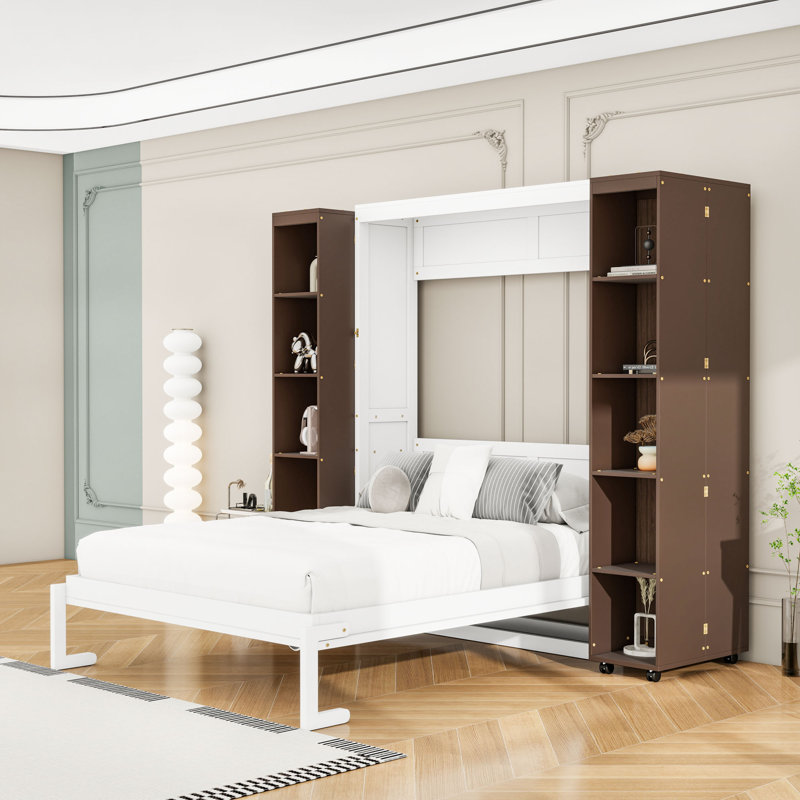 Grand lit escamotable en bois avec tablettes de rangement à pousser, Espresso