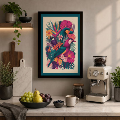 Teal Bird Among Blooms Botanical 1 Piece Wrapped Canvas Wall Art