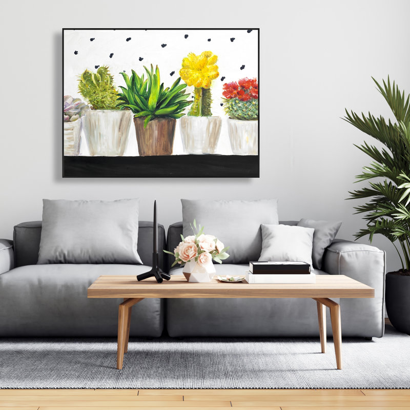 Petits cactus et plantes grasses | Art romantique sur toile encadrée, H 37,25 po x l 49,25 po