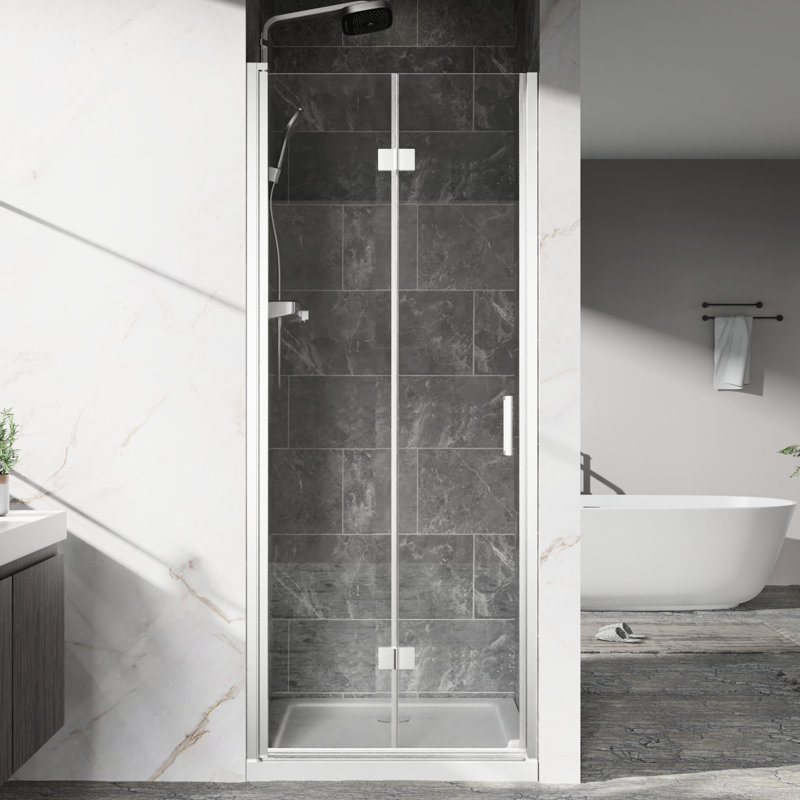 Porte de douche pivotante pliante de 72 pouces de hauteur avec verre trempé de 1/4 po, charnières en alliage de zinc et bande latérale de blocage de l'eau avec quincaillerie en verre d'une largeur de 32 po, étapes d'installation facile et surface de pollution