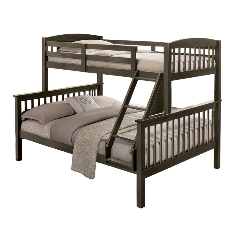 Bruke Twin/Full Size Bunk Bed With Ladder, Slatted Solid Hardwood, Taupe Grey