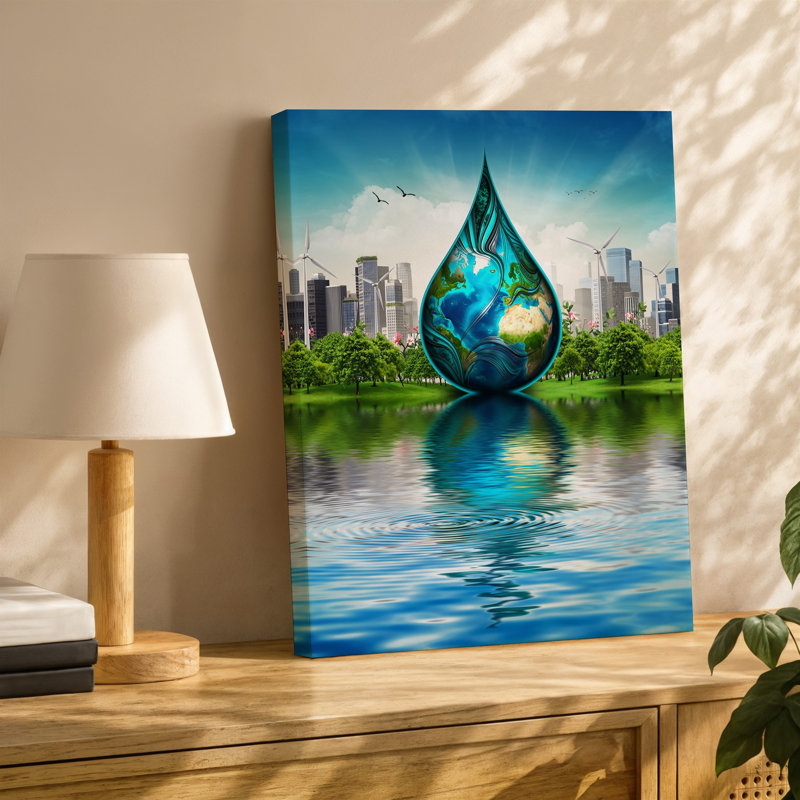 Reproduction d'art sur toile, "Paysage surréel et vibrant" avec une représentation stylisée de la Terre nichée dans une forme de goutte d'eau