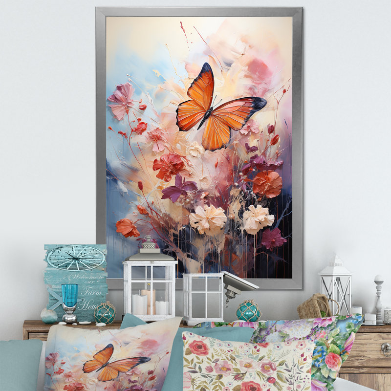 Colorful Butterfly and Floral Canvas Print in Silver Frame