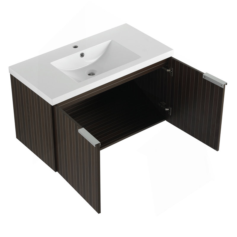 Meuble-lavabo de salle de bain avec lavabo en résine, portes à fermeture douce, conception à fixation flottante, 35.4", Brun