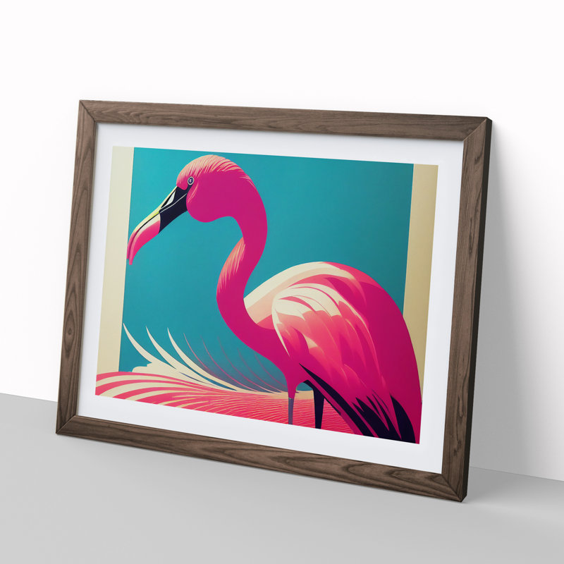 Delightful Flamingo - Single Picture Frame Print, 25cm H x 34cm W x 2cm D, Walnut