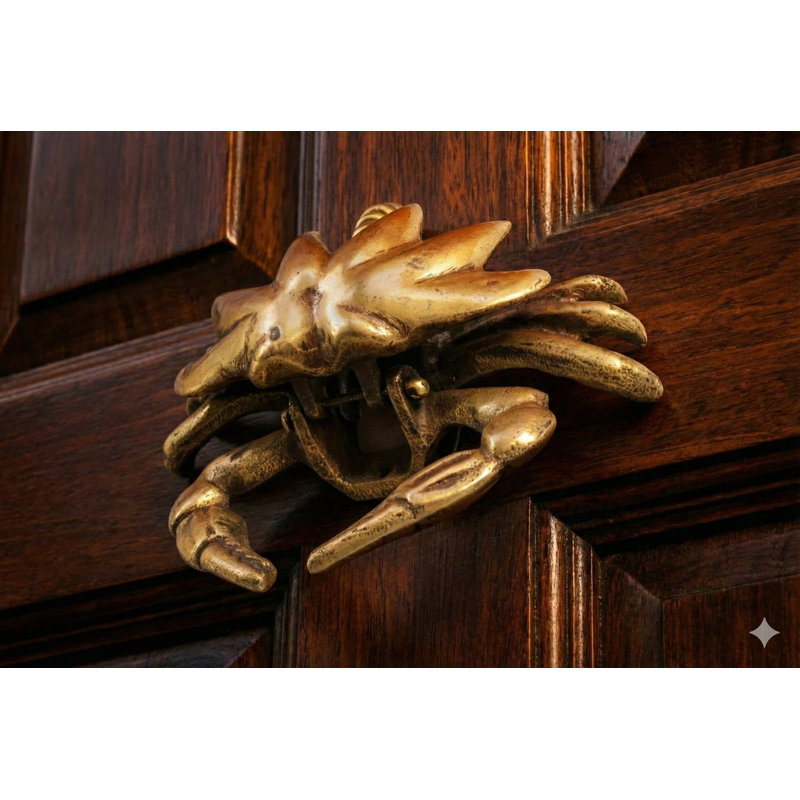 7" Handmade Brass Crab Door Knocker | Nautical Coastal Hardware for Front Door Entrance | Indian Artisan Metal Decor, Gold