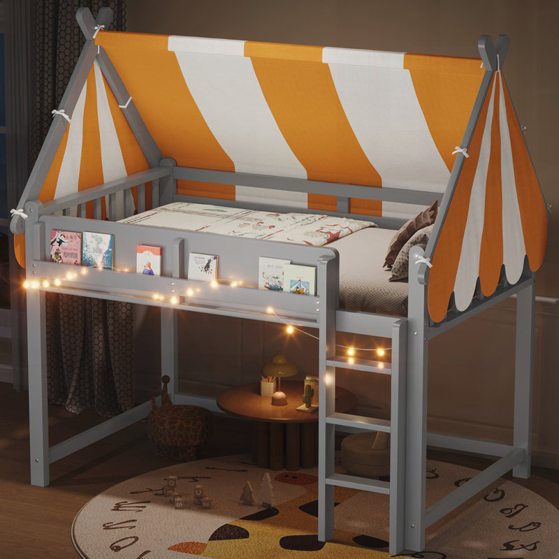 Lit mezzanine avec auvent, lumières DEL et étagère à livres, Gris, Double