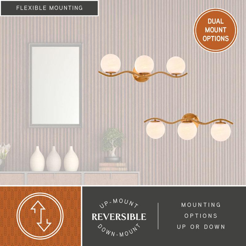 Monticello 3-Light 22 In. Wide Muted Brass Gold Bathroom Vanity Lighting Fixture, White Alabaster Glass Globe Shade, Dimmable, Reversible Over The Mirror Mounted Steel Wall Sconce