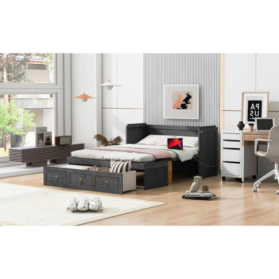 Lit double en gris avec fonction et grand tiroir pour beaucoup d'espace de rangement