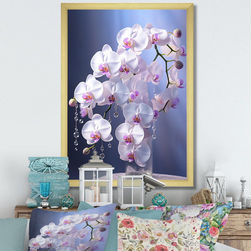 Orchidées mauves élégance II - imprimé, Encadrement doré, H 32 po x l 16 po x P 1 po