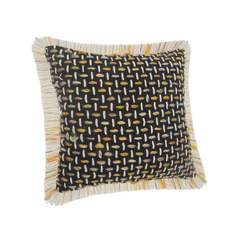 Coussin décoratif moderne à motif géométrique tissé à franges, Noir / doré / blanc