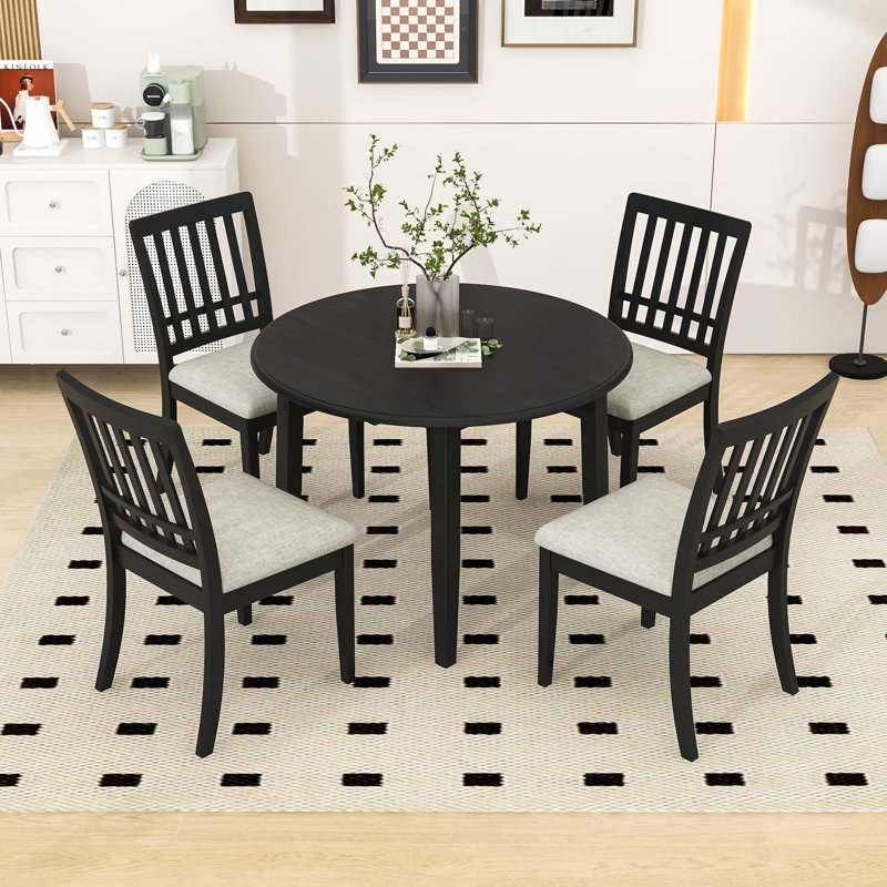Ensemble de table de salle à manger 5 pièces avec rallonge rabattable et 4 chaises rembourrées, 5, Noir