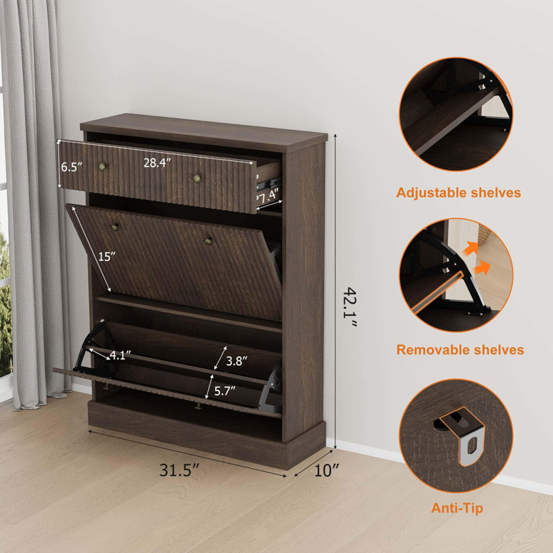 Fluted Shoe Cabinet with 2 Flip Drawers and 1 Drawer, Slim Entryway Shoe Storage Organizer with Adjustable Shelves, Walnut