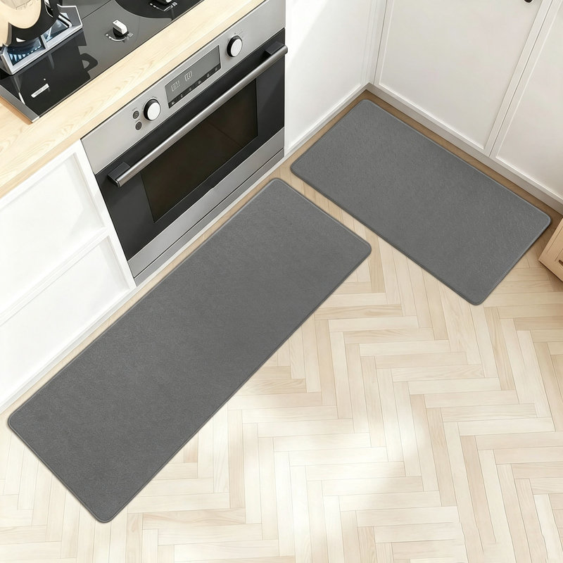 Soft 2 Pieces Non Slip Kitchen Rug Set, Waterproof Oil Resistant Leather Cushioned Mats (Grey)