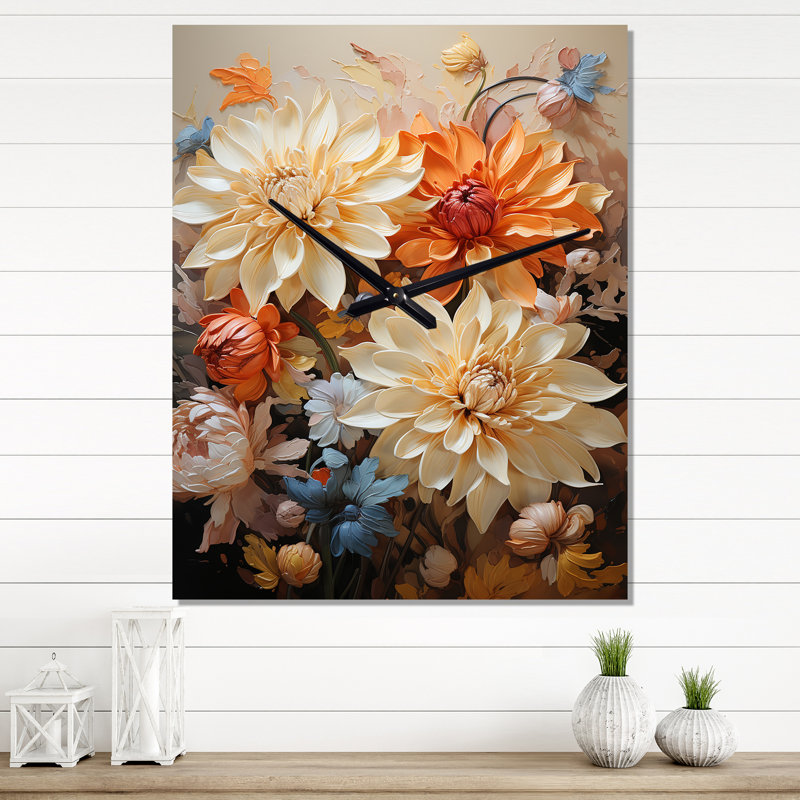 Chrysanthèmes automne patchwork I - Horloge murale florale, H 32 po x l 24 po x P 1 po