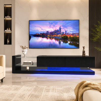 [New Update] LED TV Stand For 55 65 75 Inch TV, Modern Entertainment Center Equipped With Power Outlet, 50 60 70 Inch TV Console For Homes & Apartments, Black