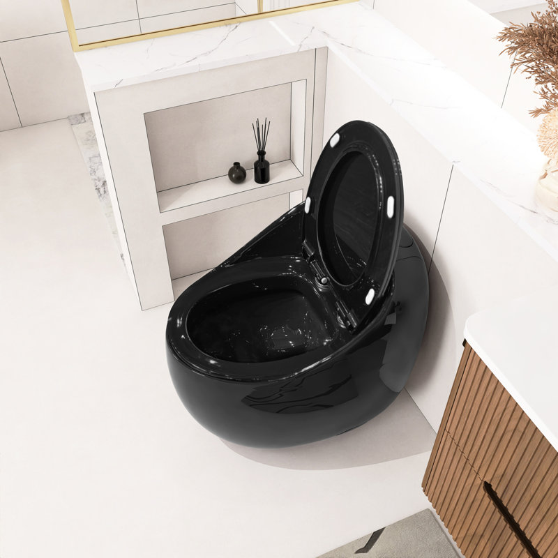 Toilette à chasse d'eau 1,28 po en forme d'œuf noir brillant, une pièce sans soudure, siège à dégagement rapide, 18,89 po de largeur, poids de 117 lb en porcelaine avec une hauteur de 24,78 po et une hauteur de 27,6 po