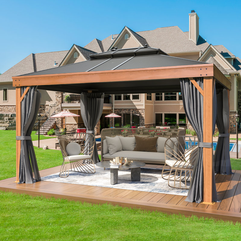 10 ft. x 13 ft. Hardtop Gazebo with Wood Grain Frame – Outdoor Aluminum Gazebo with Netting and Curtains for Patio, Lawn & Deck