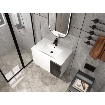 Meuble-lavabo mural 30 po avec lavabo en céramique, 2 portes à fermeture en douceur, meuble-lavabo et demi-porte en verre, contreplaqué (emballage KD)