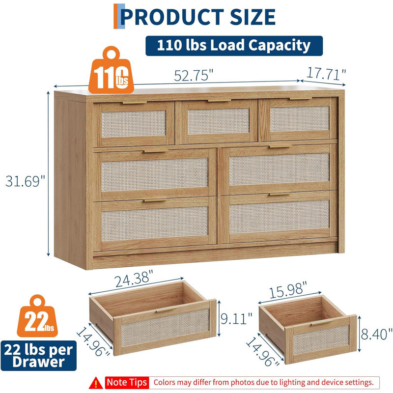 Boho 7-Drawer Dresser in Light Wood, Rattan Storage Cabinet with Gold Handles & Anti-Tip for Bedroom, Modern TV Stand