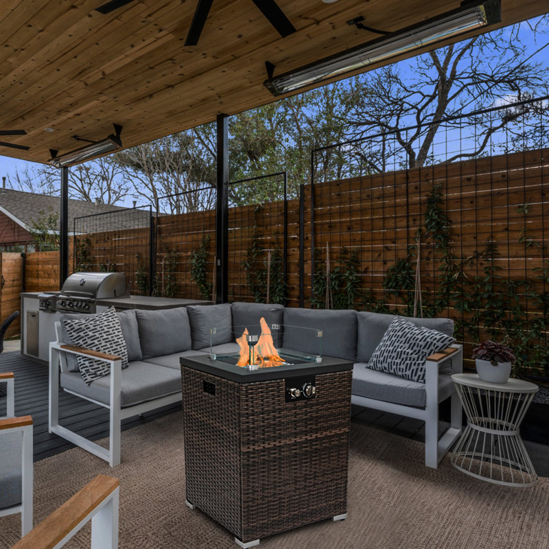 Foyer de jardin avec pare-brise, brûleur en acier inoxydable, foyer d'extérieur avec pare-pluie, pare-vent en verre, brûleur et plateau de table