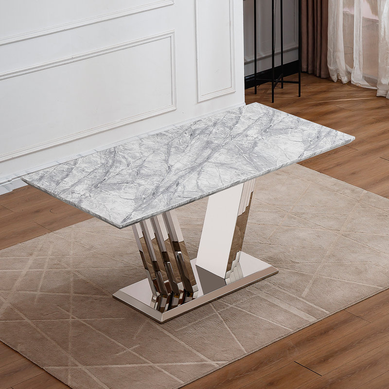 Table de salle à manger en marbre pour 6 personnes, table de salle à manger rectangulaire en faux marbre 70 po avec base en acier inoxydable à finition miroir, table de cuisine moderne en marbre de grande taille (argent, gris)
