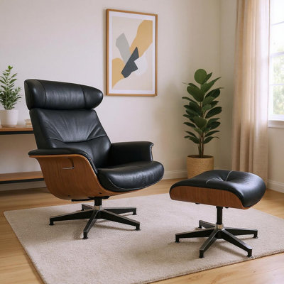 Chaise longue pivotante en cuir noyer et bois 33 po avec repose-pieds