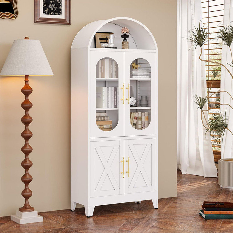 Modern Metal Arched Display Storage Cabinet with 4 Doors and Adjustable Shelves, White