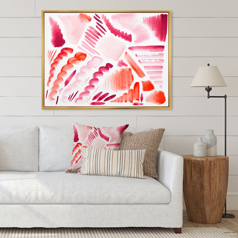 Éléments graphiques rétro en orange et rouge I - peinture sur toile, H 12 po x l 20 po, Cadre doré