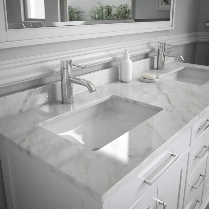 60'' White Carrara Marble Double Vanity Top with Porcelain Sinks