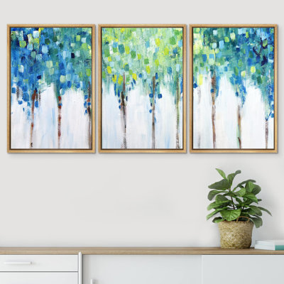 " Blue Floral Pastel Fence Wilderness Plants Modern Art Farmhouse Country Landscape Colorful " 3 - Pieces on Canvas