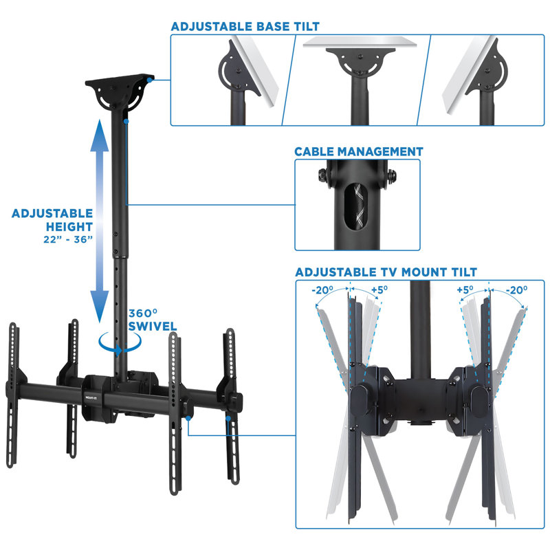 Mount-It Telescoping Adjustable Height Dual TV Ceiling Mount for 37" to 70" TVs w/ Ceiling Bracket