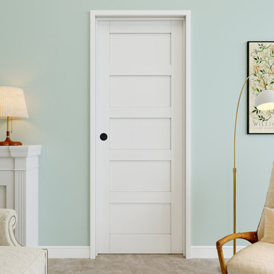 30" x 80" 5-Panel Interior Prehung Door with Round Knob and Silver Hinges, Solid Core Door Slab, Paintable & Waterproof, Suit for Laundry, Closet Doors, Room Doors, Right Hand