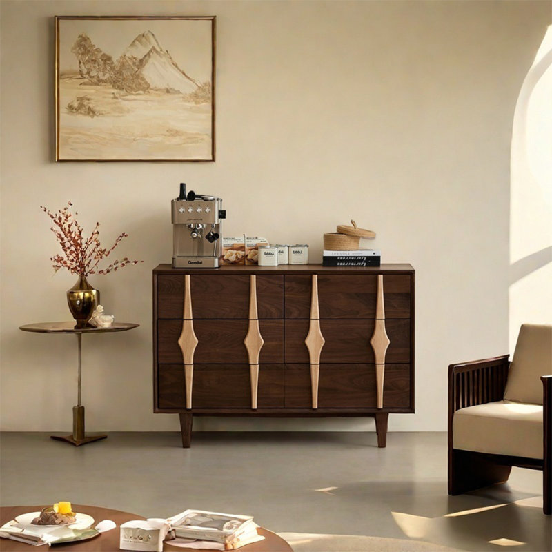 Walnut Wood Cabinet with Six Drawers and Wide Top
