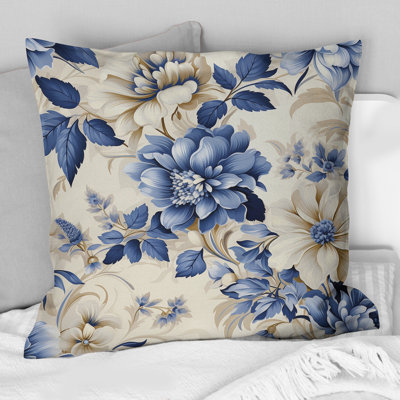 Victorien bleu et blanc fleurs damassées IV - Coussin décoratif imprimé damassé