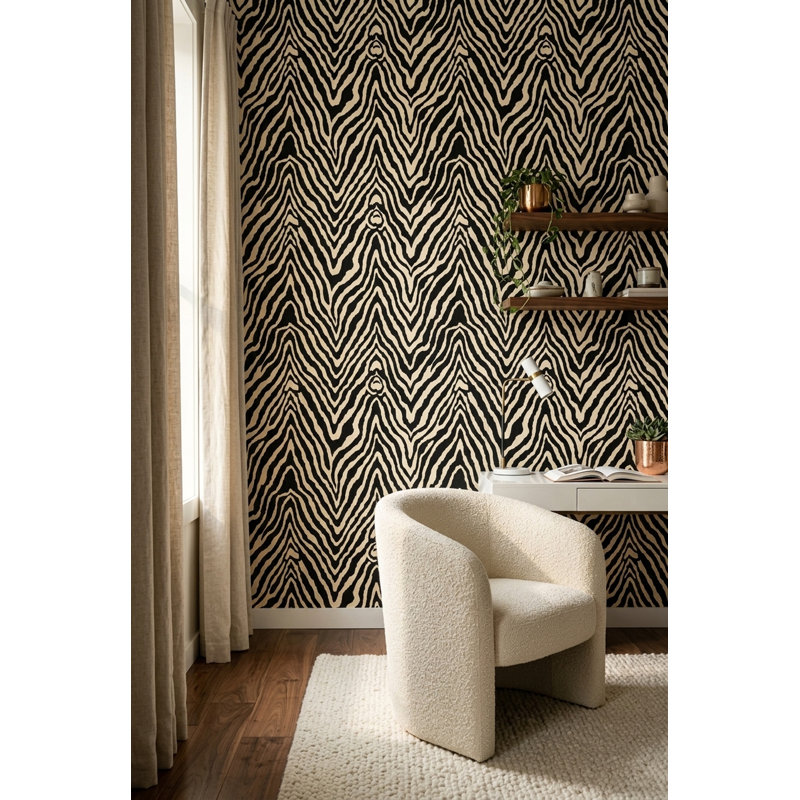 Papier peint à motif zébré à motif animalier amovible noir et crème, Peler et coller