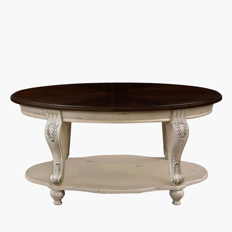 Table basse de 42 po en bois fleuri, table basse en bois massif à 2 niveaux, Espresso / beige