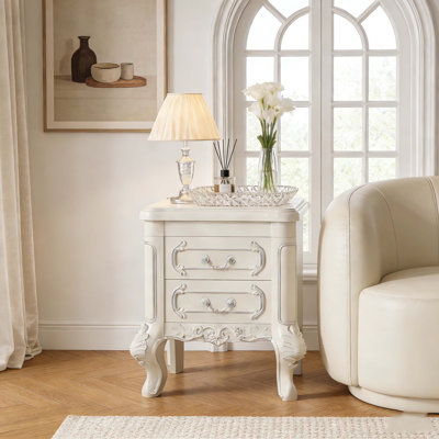 Carved Bedside End Table Nightstand with 2 Storage Drawers