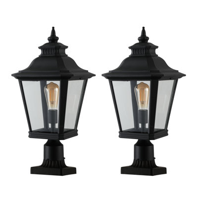 Ensemble de 2 lanternes rétro pour poteaux d'extérieur - Lampadaire en aluminium noir et verre résistant aux intempéries pour l'éclairage de jardin, d'allée et de sentier